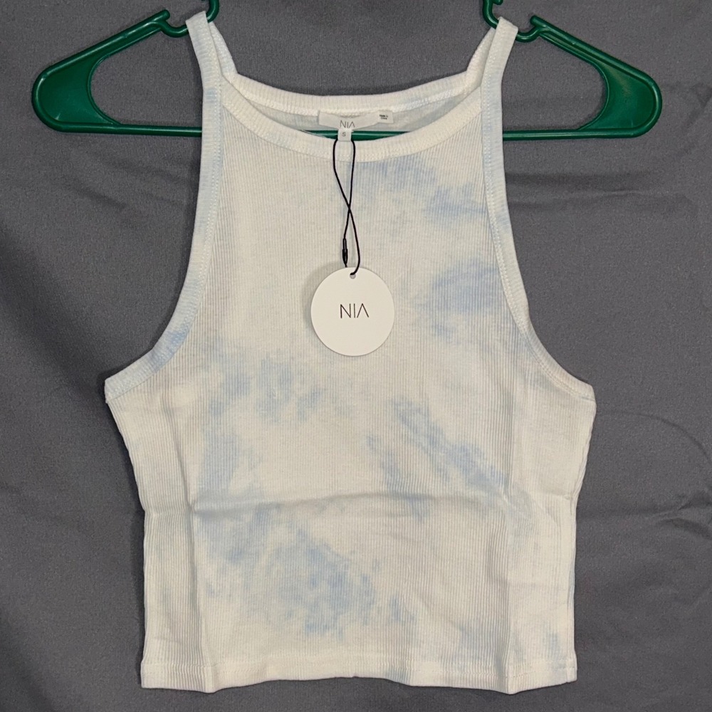 NIA The Brand Women White Blue Tie Dye Ribbed Cropped Tank Top New Size S